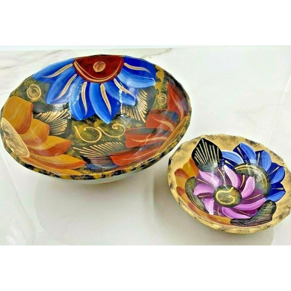 Chip And Dip Bowl Dish Handmade Stoneware Footed Serving Bowl Set Floral